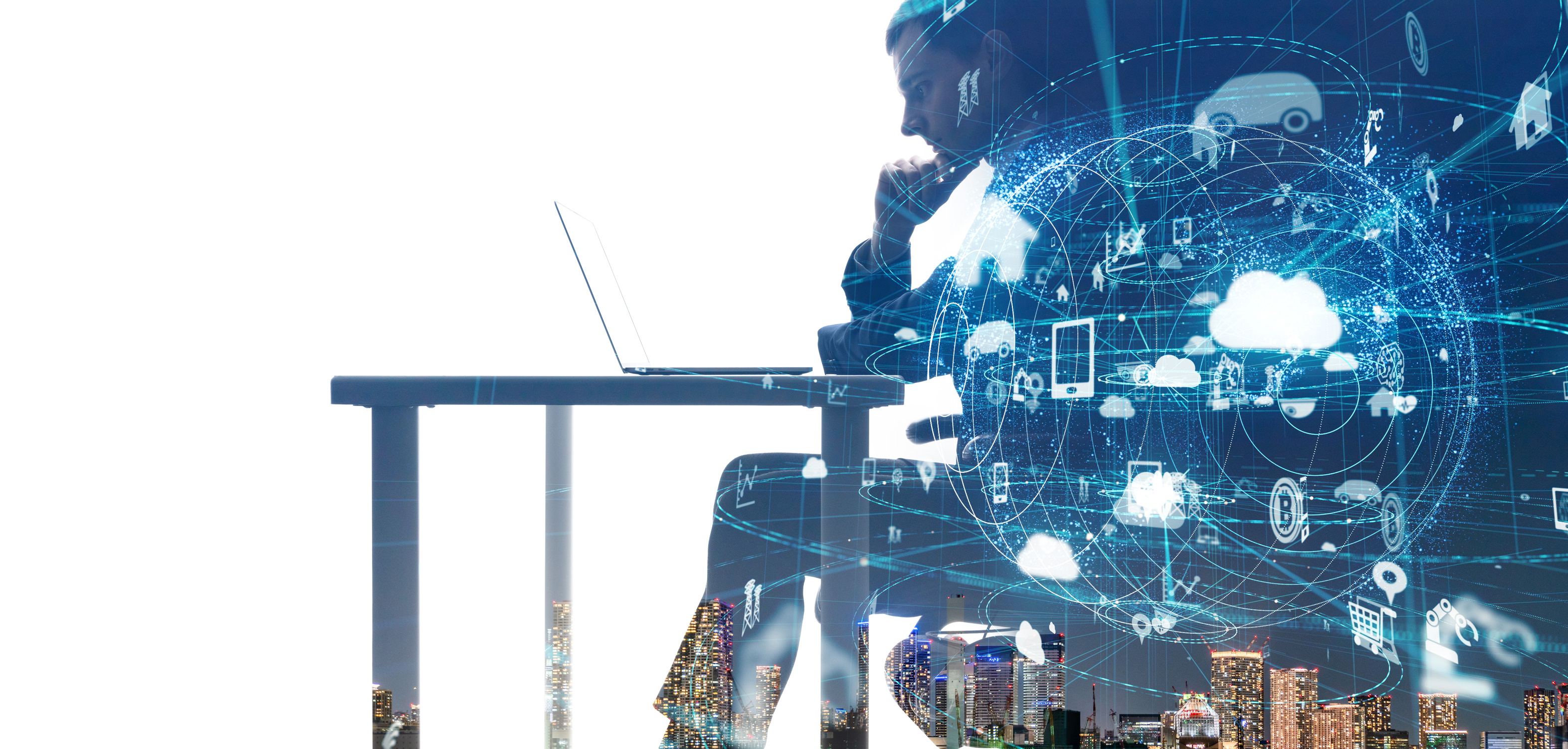 Double exposure of a businessman and smart city.
